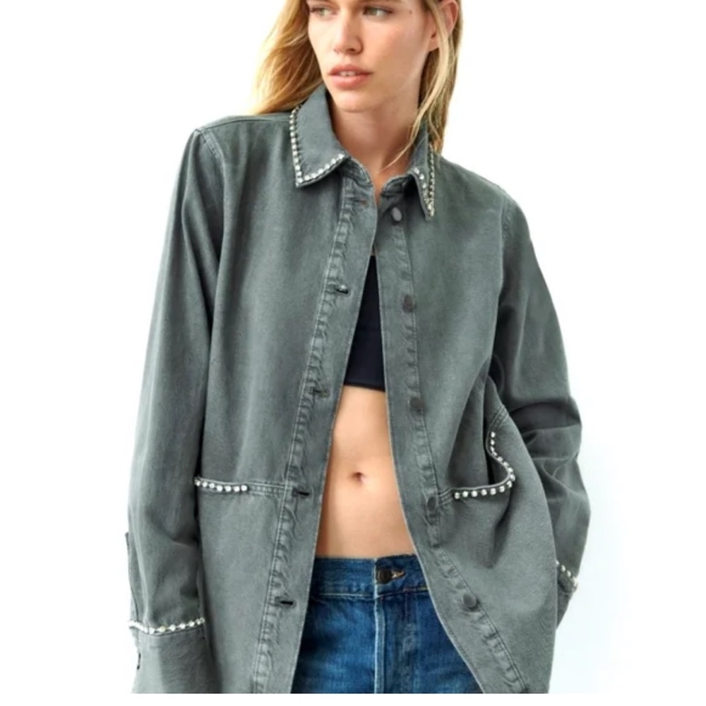 Zara Gray Rhinestone Oversized Shirt